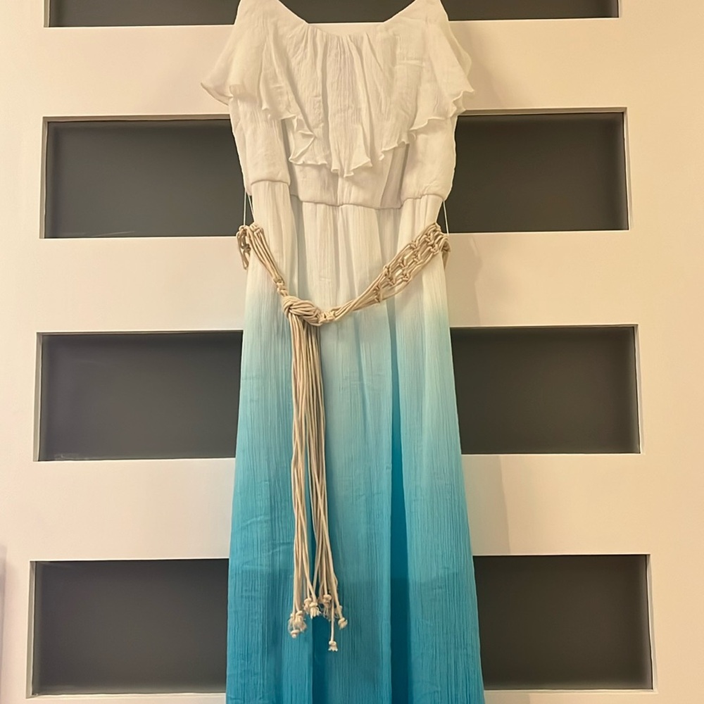 Beautiful white and blue ombré maxi dress with belt